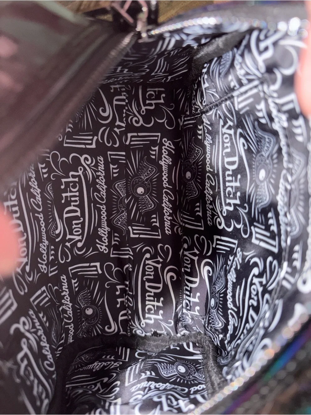 Von Dutch Black Holographic Onyx Logo Bowling Bag Detachable Strap NWOT